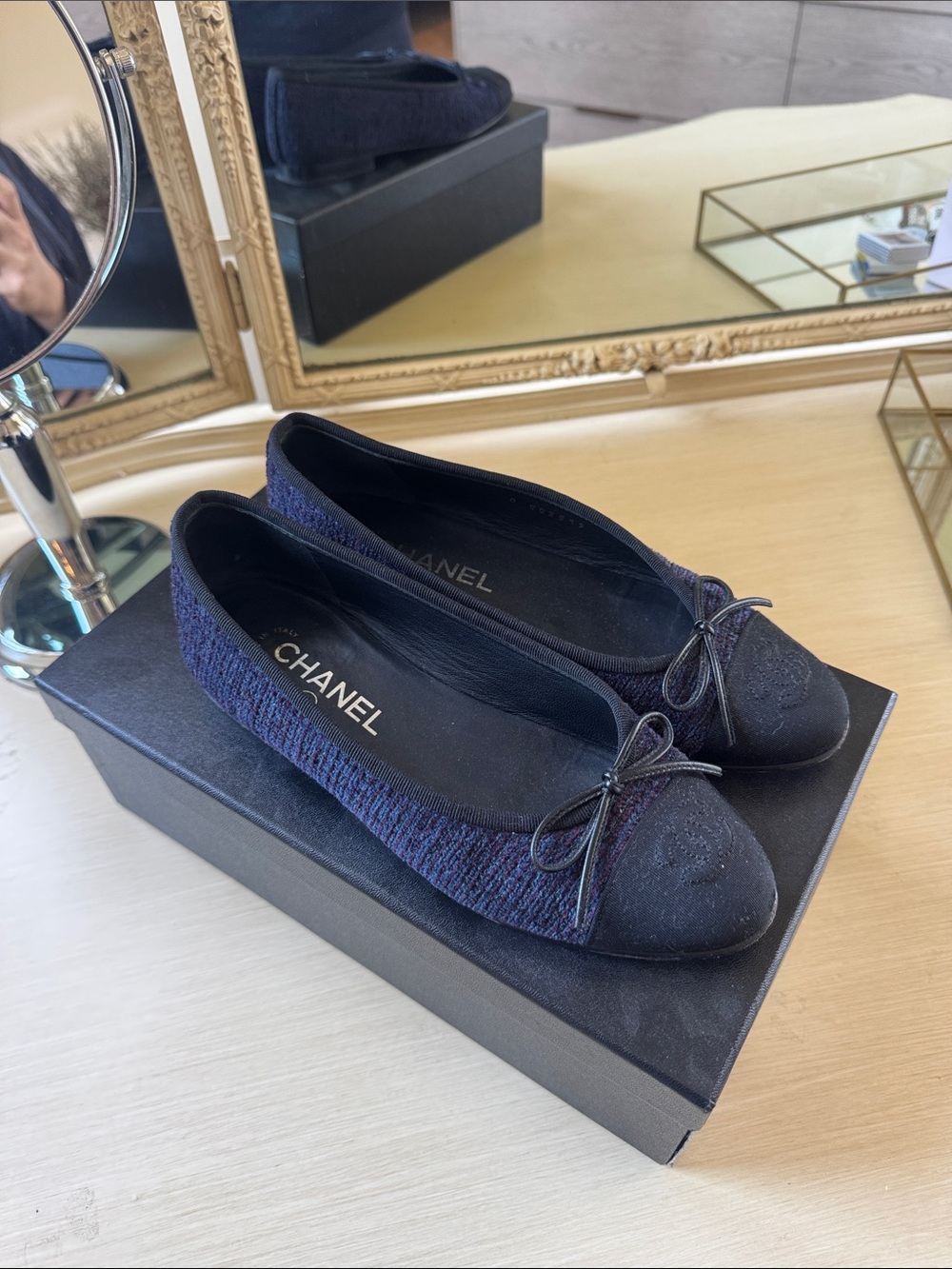CHANEL Navy Tweed & Black Cap-Toe Ballet Flats